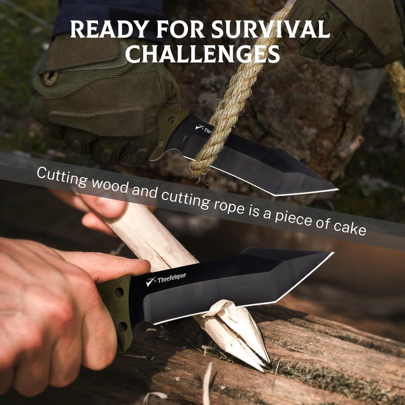 Threfelipur Tanto Camping Knife for Men, D2 Steel Fixed Blade Tactical Survival Knife with Sheath - Compact & Portable for Outdoor Hiking, Bushcraft, G10 Handle - Green - Image 4